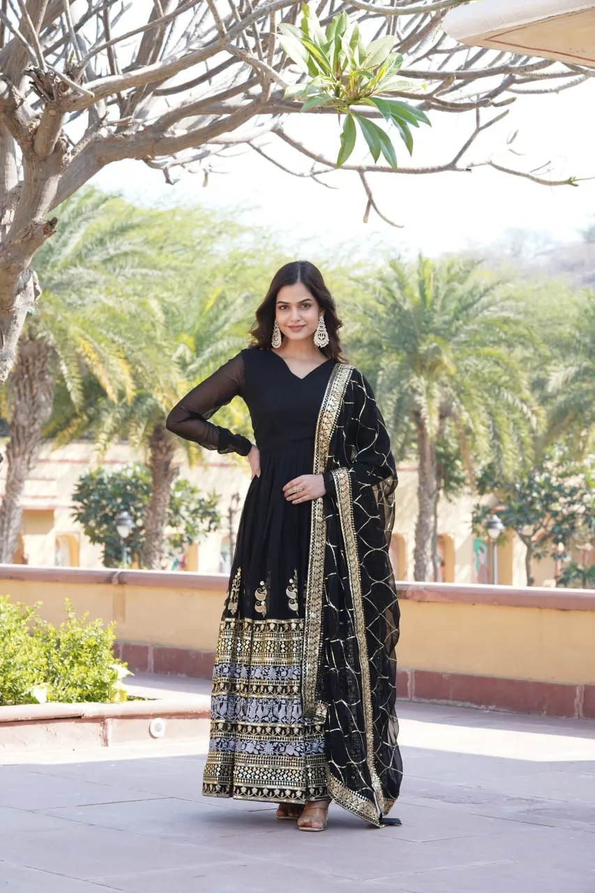 Elegant Black V-Neck Faux Blooming Gown with Sequined Embroidery and Dupatta