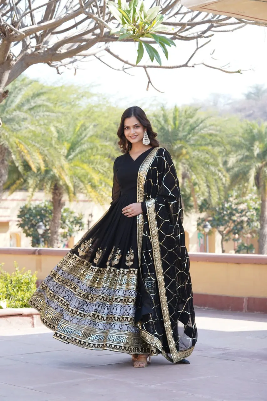 Elegant Black V-Neck Faux Blooming Gown with Sequined Embroidery and Dupatta