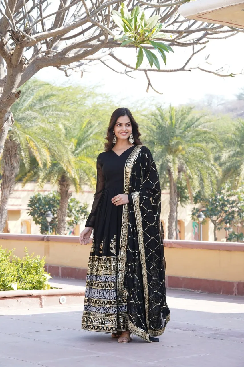 Elegant Black V-Neck Faux Blooming Gown with Sequined Embroidery and Dupatta