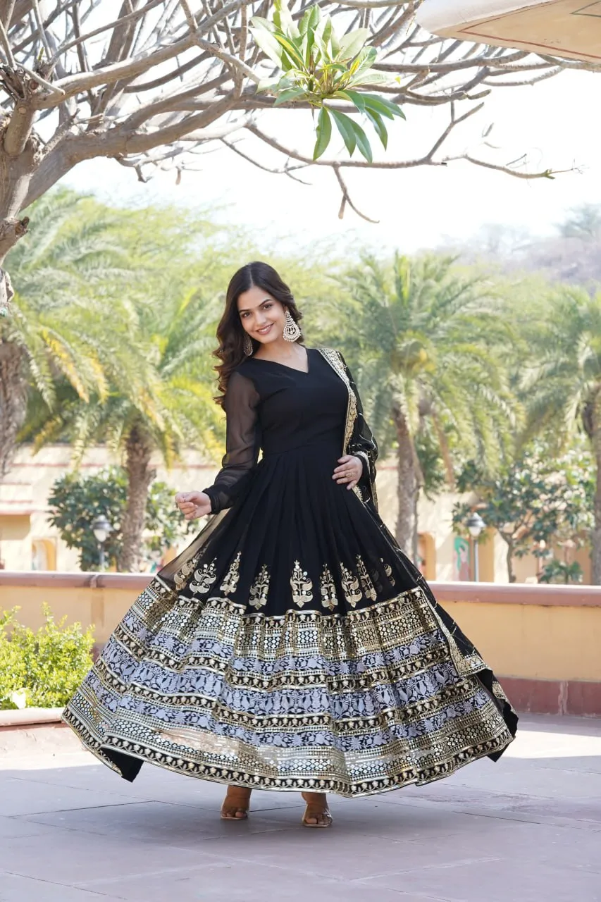 Elegant Black V-Neck Faux Blooming Gown with Sequined Embroidery and Dupatta