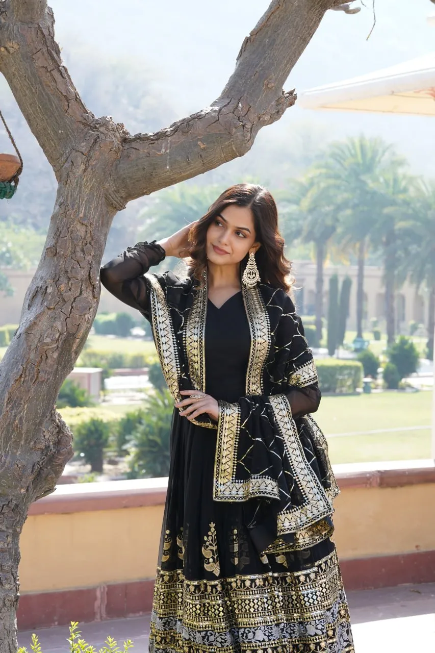 Elegant Black V-Neck Faux Blooming Gown with Sequined Embroidery and Dupatta