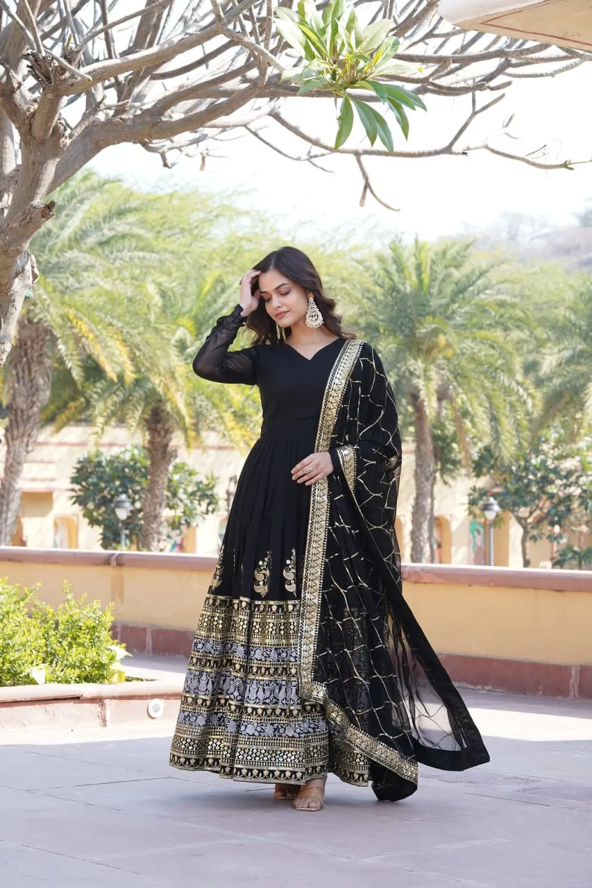 Elegant Black V-Neck Faux Blooming Gown with Sequined Embroidery and Dupatta