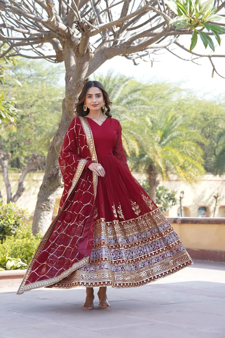 Elegant Maroon V-Neck Faux Blooming Gown with Sequined Embroidery and Dupatta