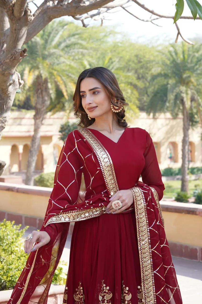 Elegant Maroon V-Neck Faux Blooming Gown with Sequined Embroidery and Dupatta