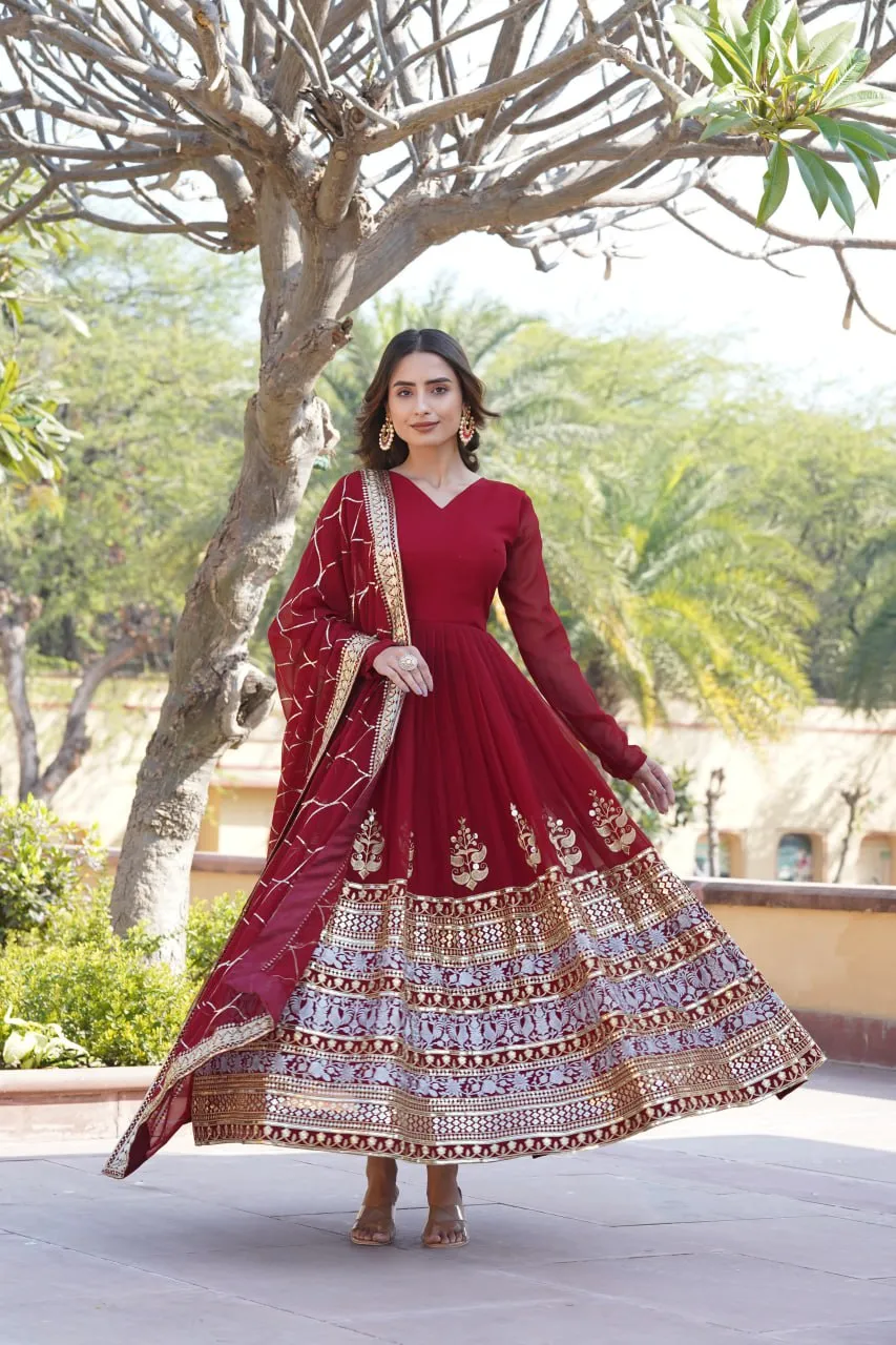 Elegant Maroon V-Neck Faux Blooming Gown with Sequined Embroidery and Dupatta