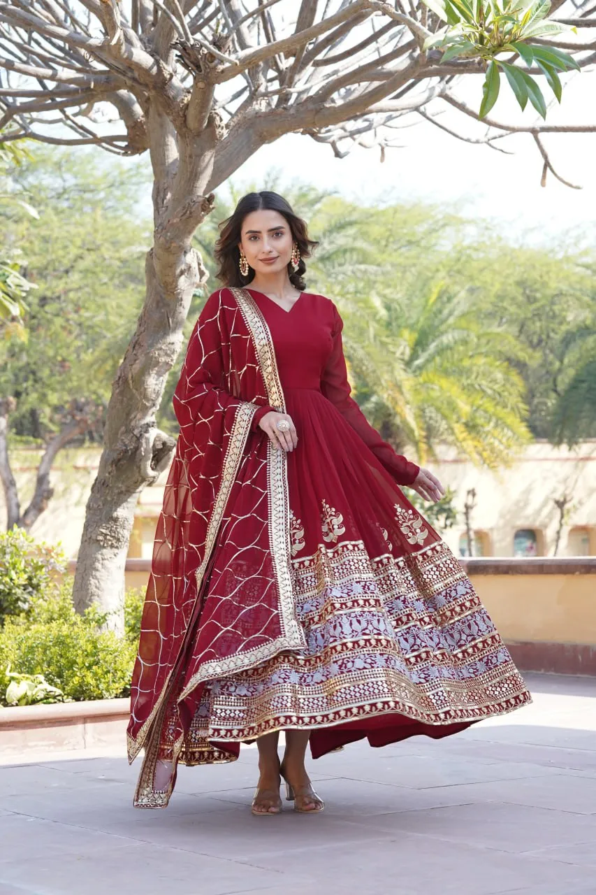 Elegant Maroon V-Neck Faux Blooming Gown with Sequined Embroidery and Dupatta