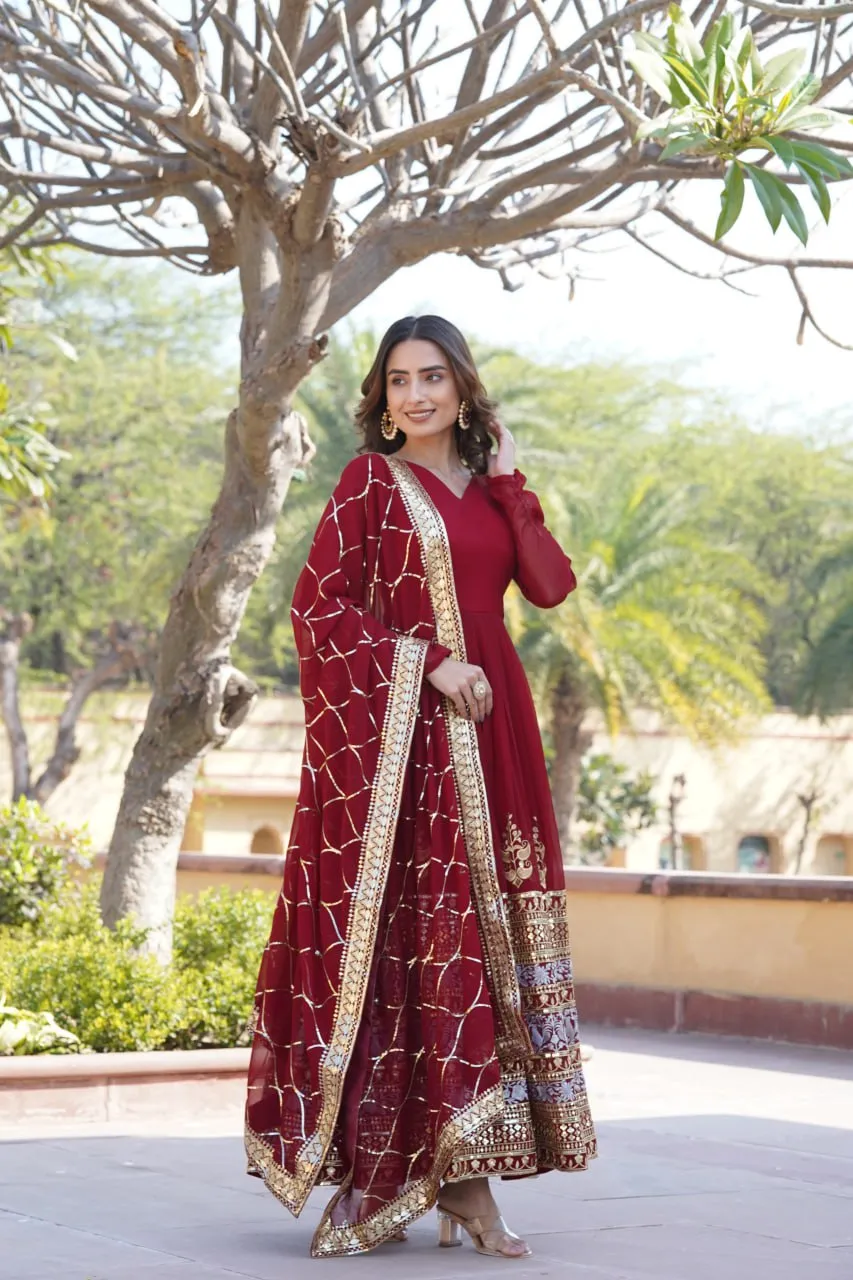 Elegant Maroon V-Neck Faux Blooming Gown with Sequined Embroidery and Dupatta