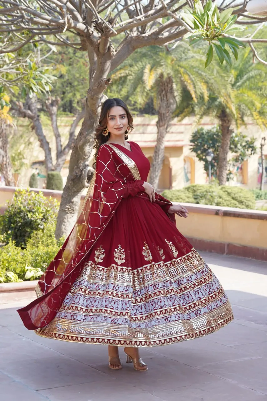 Elegant Maroon V-Neck Faux Blooming Gown with Sequined Embroidery and Dupatta