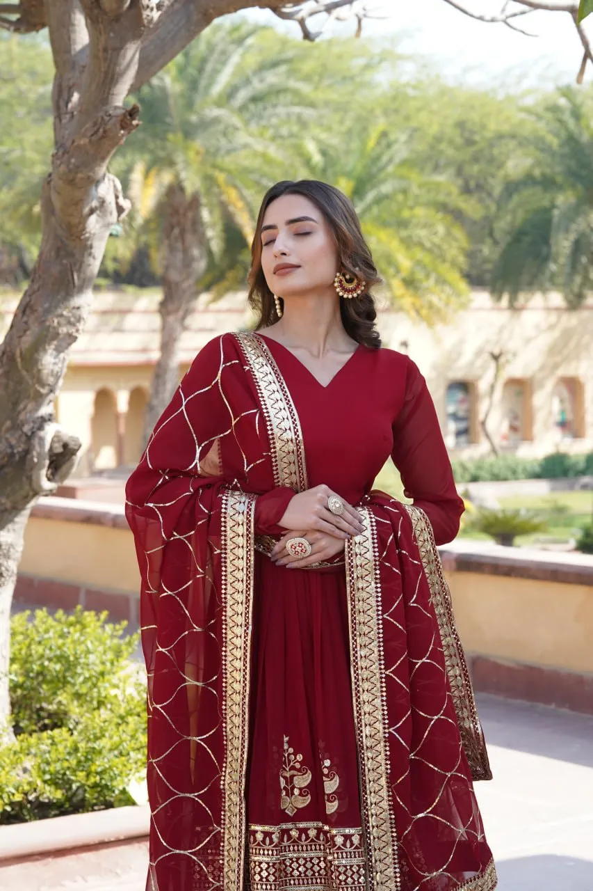 Elegant Maroon V-Neck Faux Blooming Gown with Sequined Embroidery and Dupatta