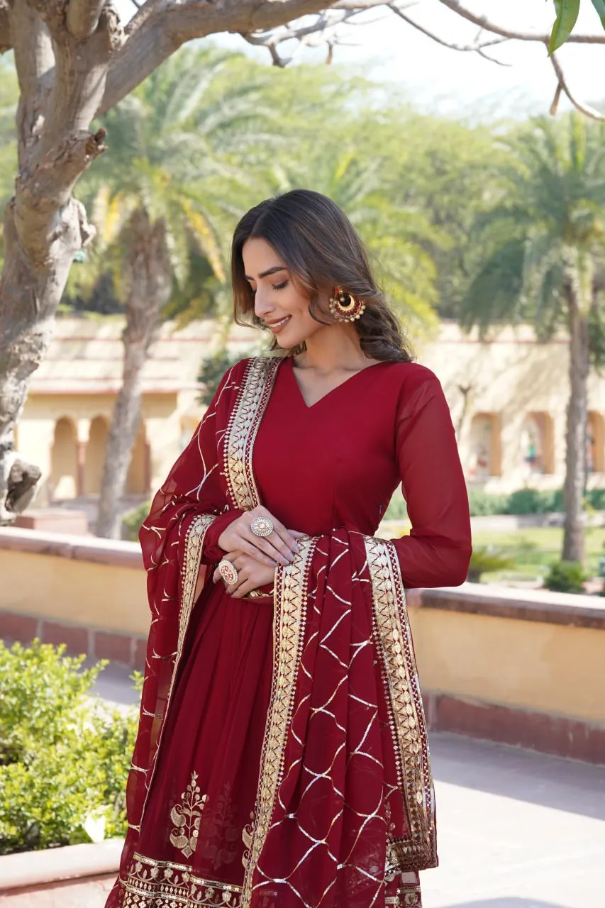 Elegant Maroon V-Neck Faux Blooming Gown with Sequined Embroidery and Dupatta