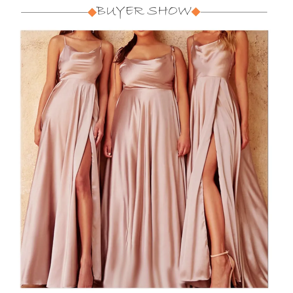 Elegant Pink Backless Slit Leg Wedding Bridesmaid Dress Lace Up Satin Slip Square Neck Long Gown