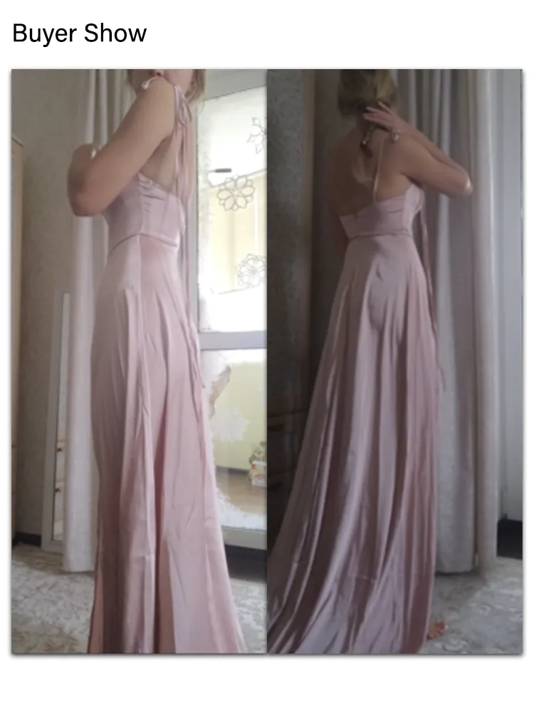 Elegant Pink Backless Slit Leg Wedding Bridesmaid Dress Lace Up Satin Slip Square Neck Long Gown