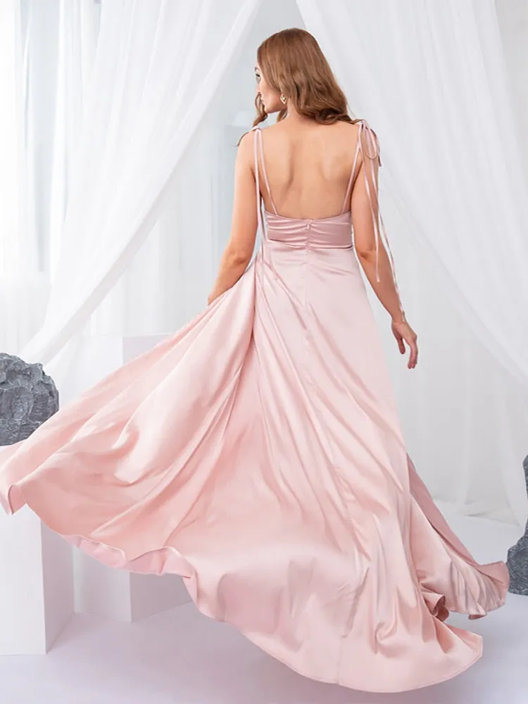 Elegant Pink Backless Slit Leg Wedding Bridesmaid Dress Lace Up Satin Slip Square Neck Long Gown