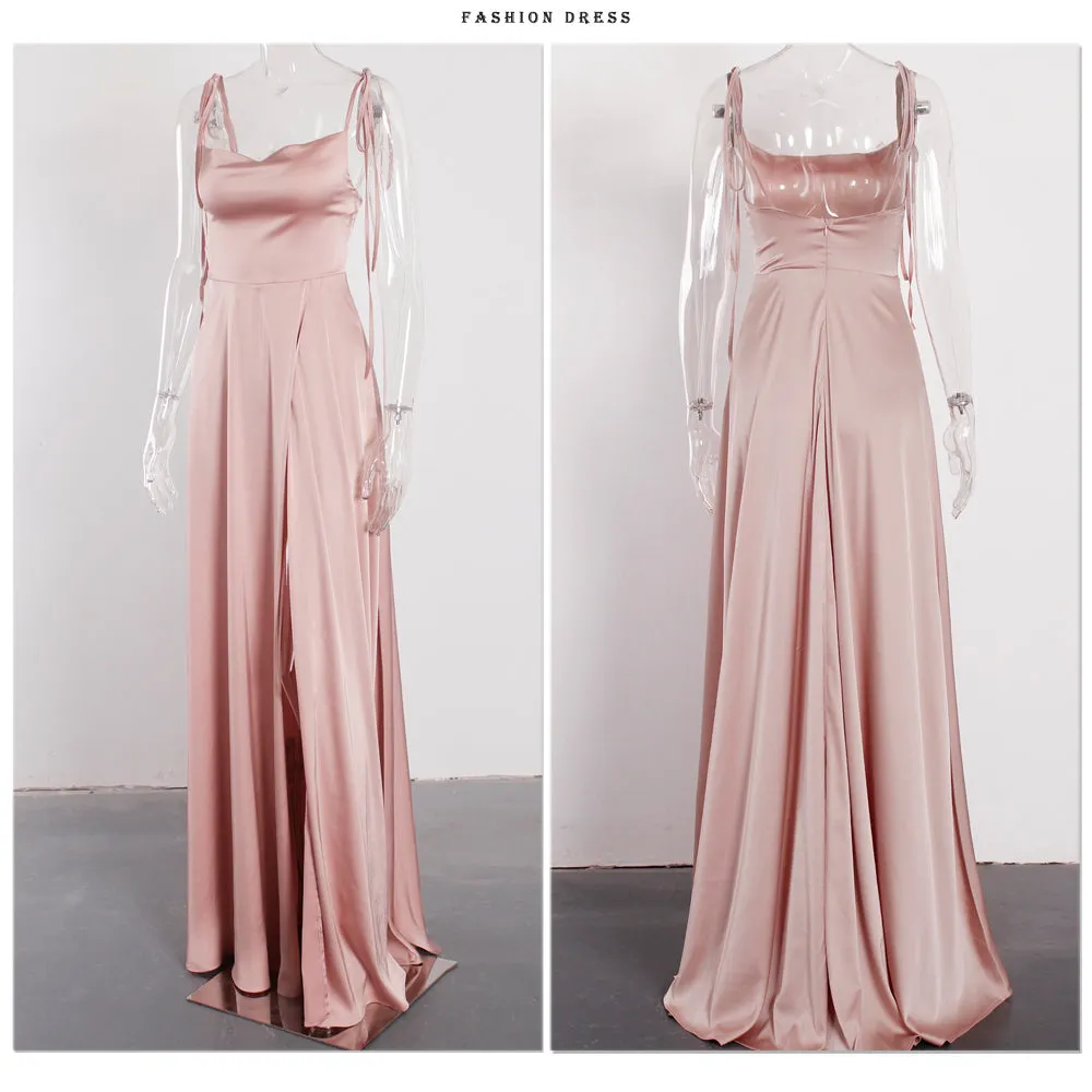 Elegant Pink Backless Slit Leg Wedding Bridesmaid Dress Lace Up Satin Slip Square Neck Long Gown