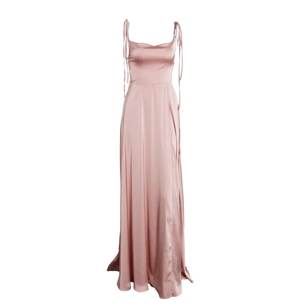 Elegant Pink Backless Slit Leg Wedding Bridesmaid Dress Lace Up Satin Slip Square Neck Long Gown