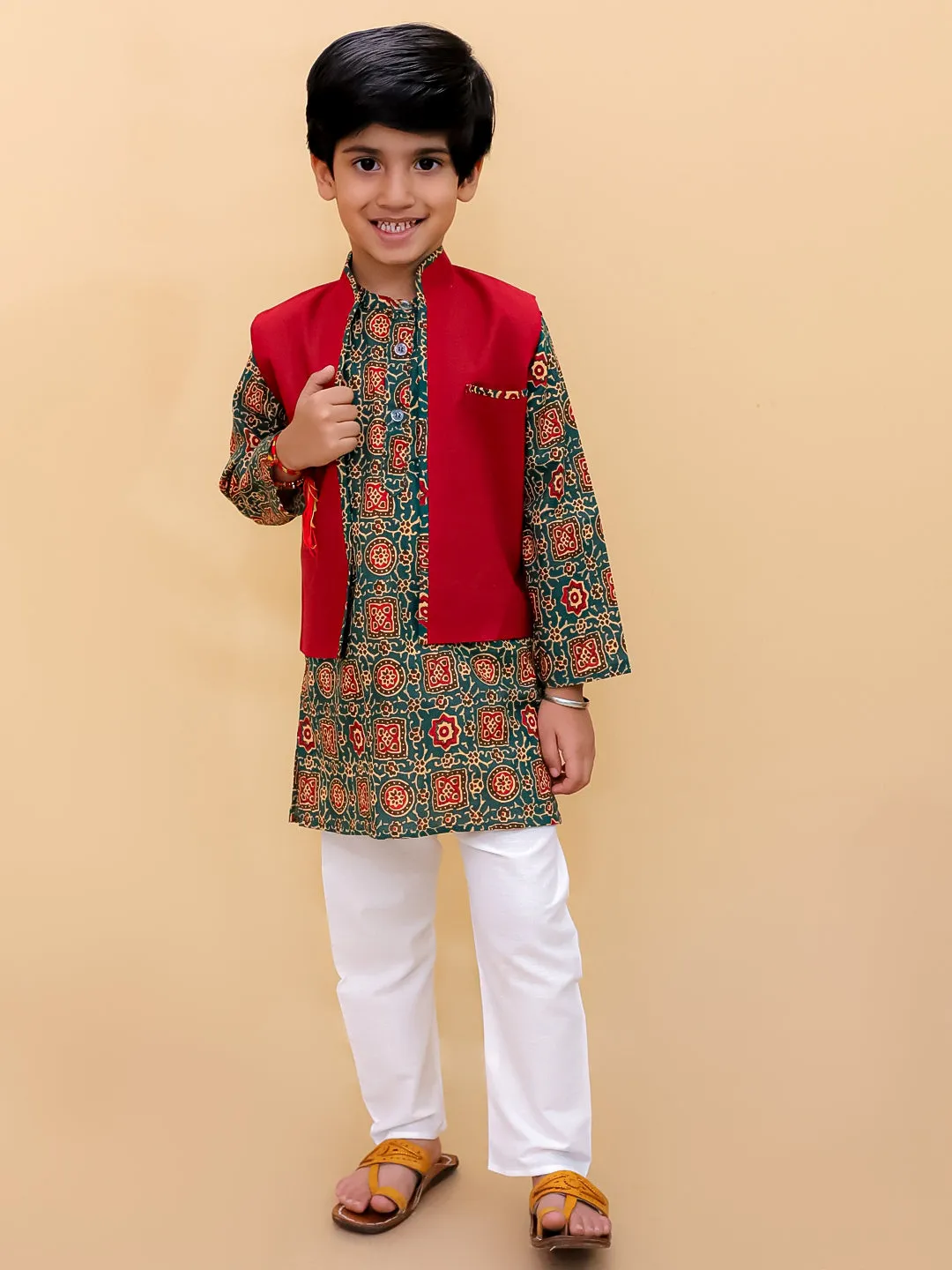 Emerald Essence Boys Floral Print Jacket And Kurta Pajama Set