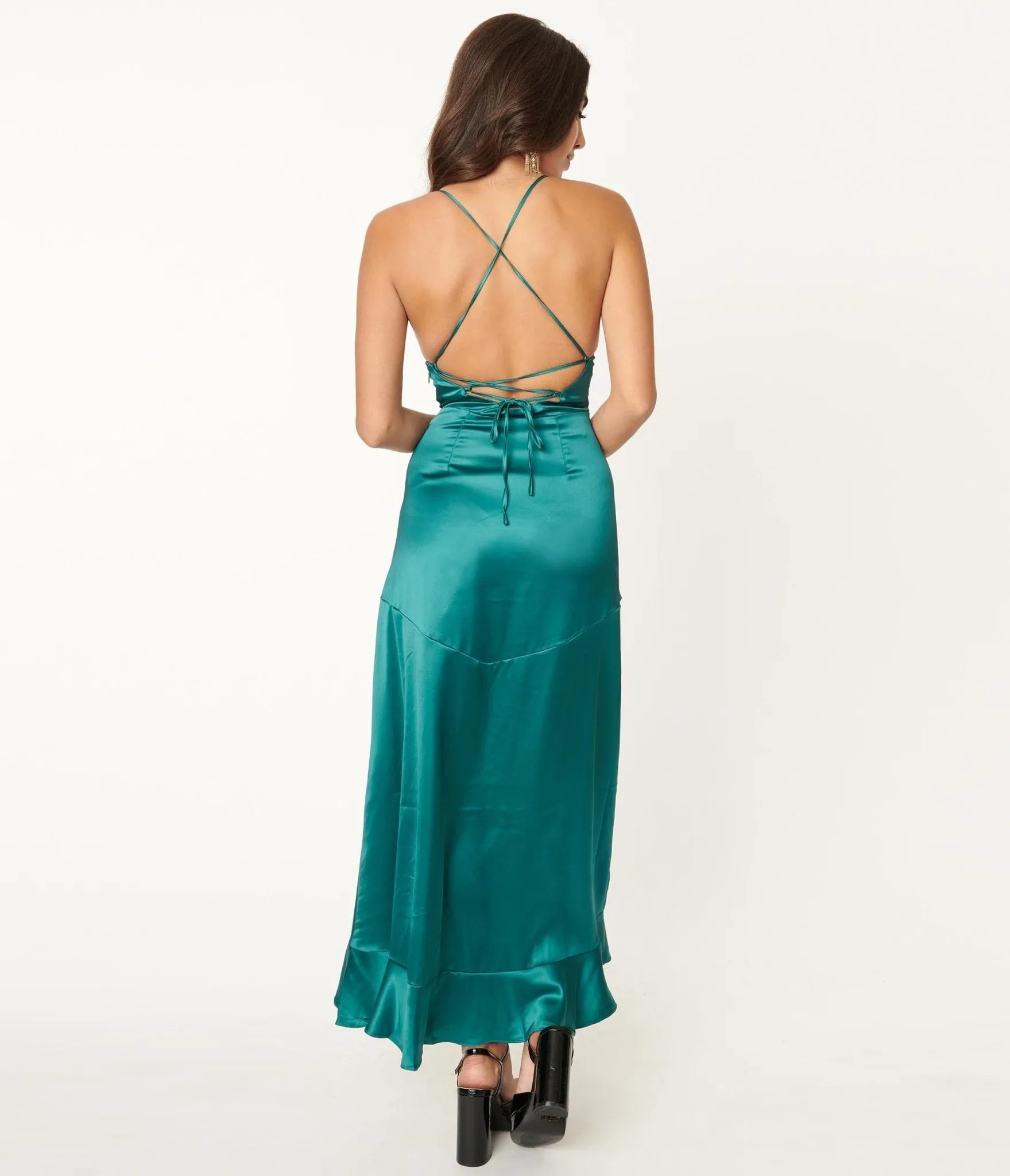 Emerald Green Satin Ruffle Maxi Dress