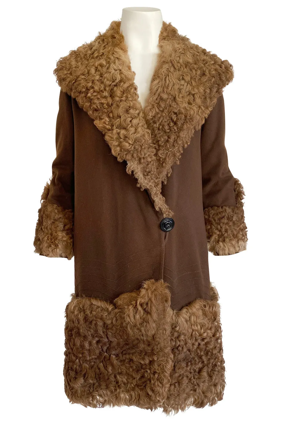 Exceptional 1920s Deep Brown Fine Wool Flapper Coat w Curly Sheepskin Collar Cuffs & Hem