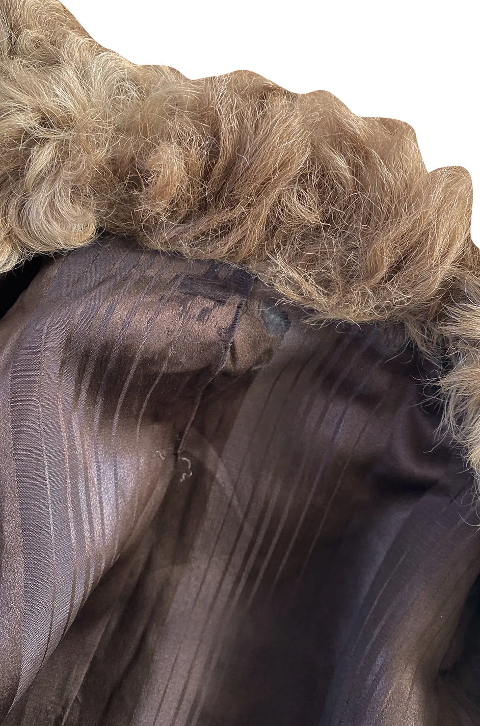 Exceptional 1920s Deep Brown Fine Wool Flapper Coat w Curly Sheepskin Collar Cuffs & Hem