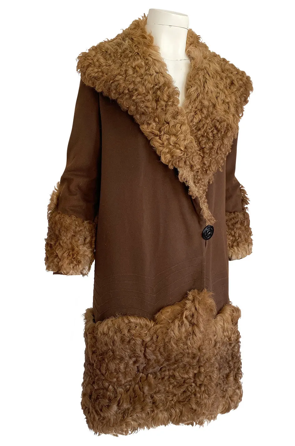 Exceptional 1920s Deep Brown Fine Wool Flapper Coat w Curly Sheepskin Collar Cuffs & Hem