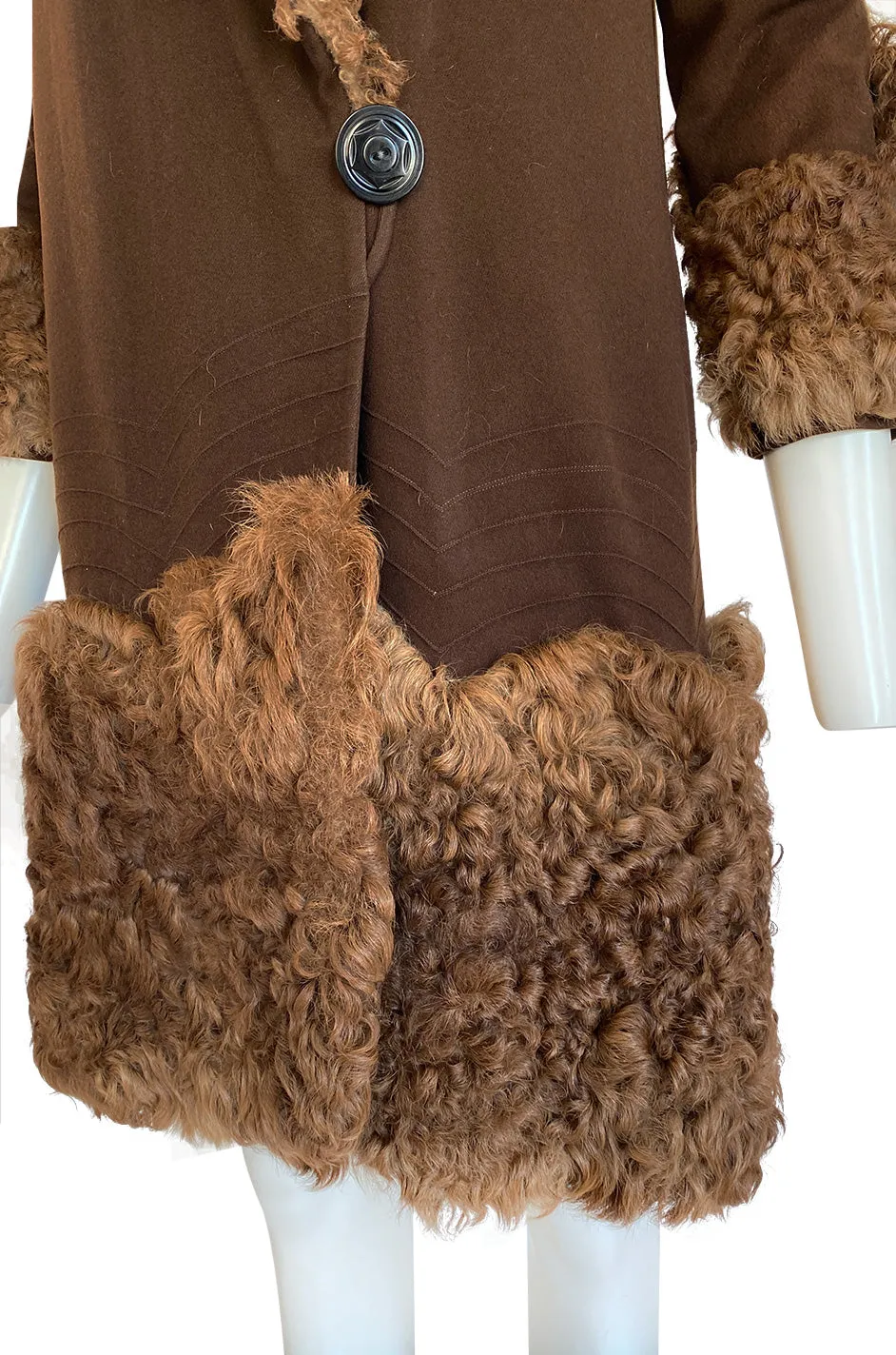 Exceptional 1920s Deep Brown Fine Wool Flapper Coat w Curly Sheepskin Collar Cuffs & Hem