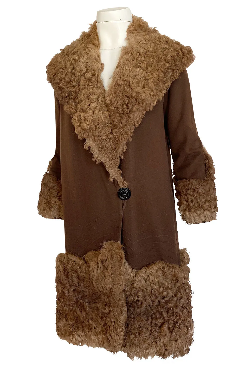 Exceptional 1920s Deep Brown Fine Wool Flapper Coat w Curly Sheepskin Collar Cuffs & Hem