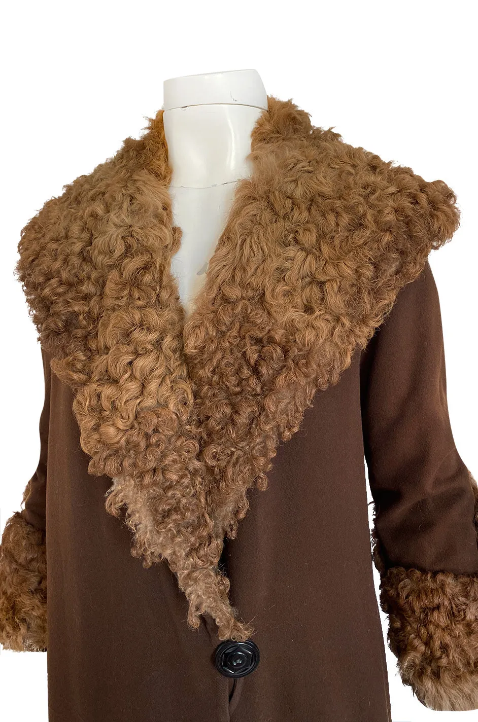 Exceptional 1920s Deep Brown Fine Wool Flapper Coat w Curly Sheepskin Collar Cuffs & Hem