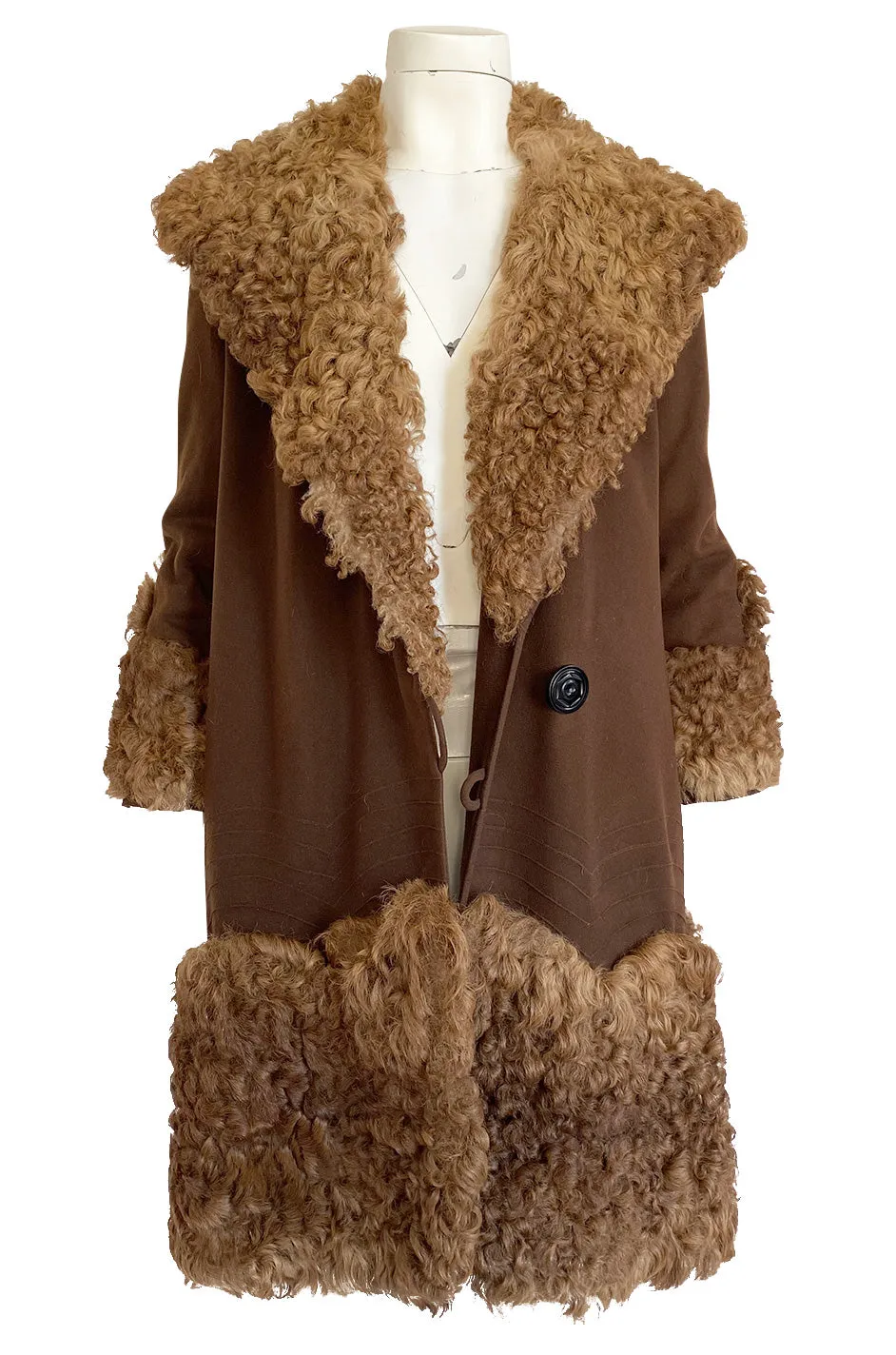 Exceptional 1920s Deep Brown Fine Wool Flapper Coat w Curly Sheepskin Collar Cuffs & Hem