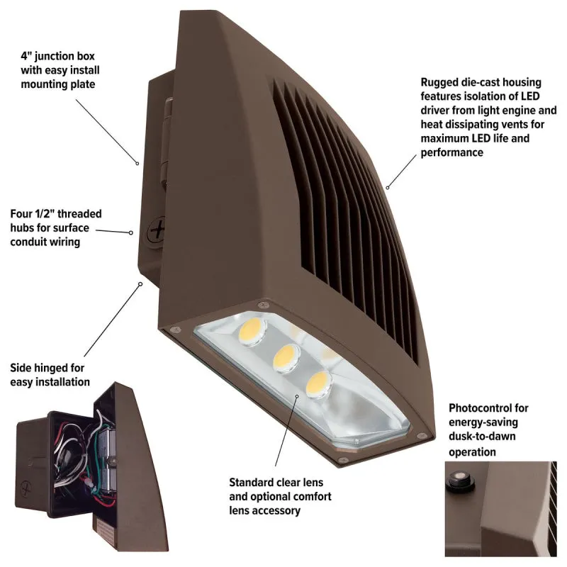 EXO SG2-50 Sling 51W LED Slender Wall Pack, 4000K 5526 Lumens, with Photocontrol, Dark Bronze,  1120-277V