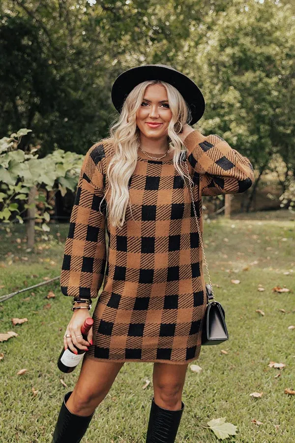 Fall Transition Plaid Sweater Dress In Camel