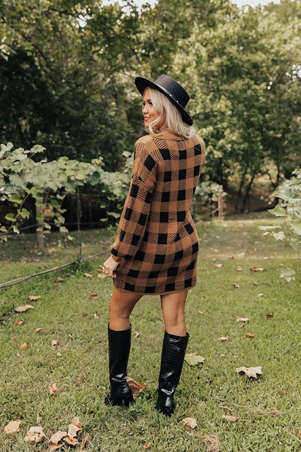 Fall Transition Plaid Sweater Dress In Camel