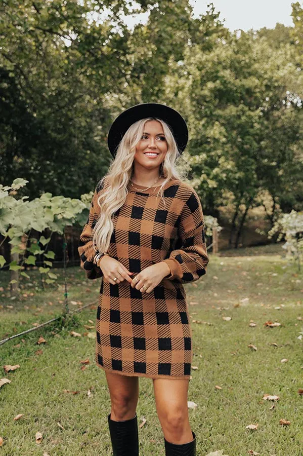 Fall Transition Plaid Sweater Dress In Camel