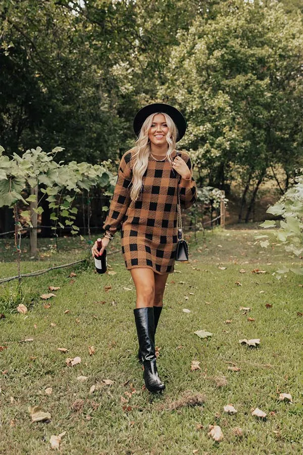 Fall Transition Plaid Sweater Dress In Camel