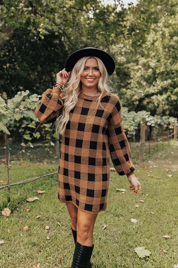 Fall Transition Plaid Sweater Dress In Camel