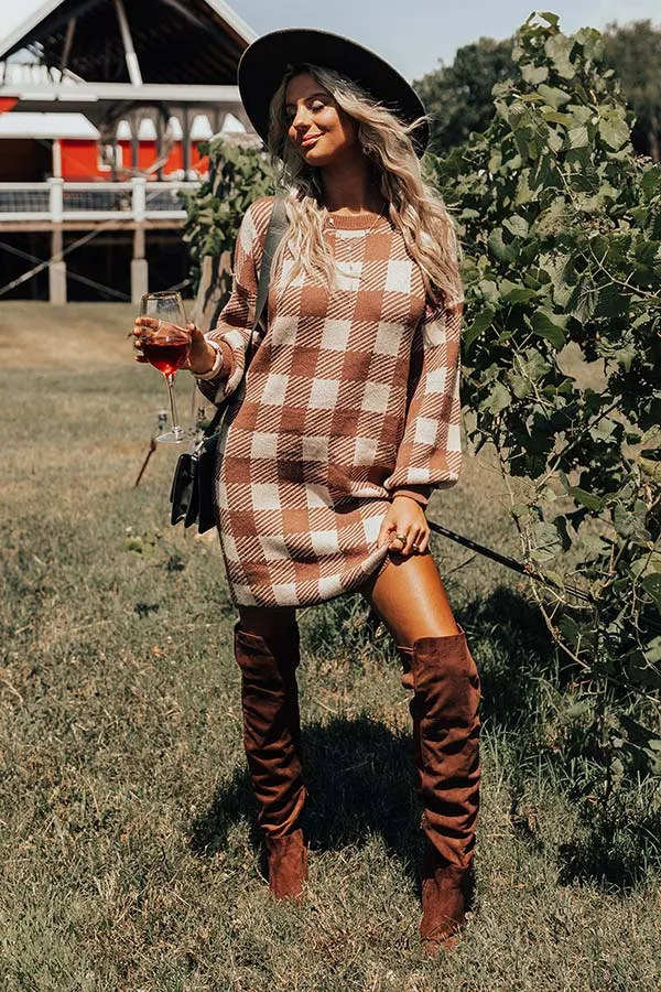 Fall Transition Plaid Sweater Dress In Mocha