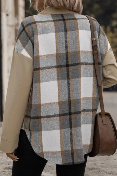 Fall Turndown Neck Plaid Khaki Shacket