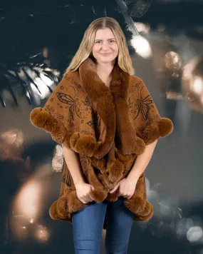 Faux Fur Trim Kimono Knitted Cape with butterfly jacquard pattern Autumn Winter Imitation Rabbit Fur Collar Windproof Cloak Boho Style  Fur Collar Shawl Warm Cardigan - Caramel