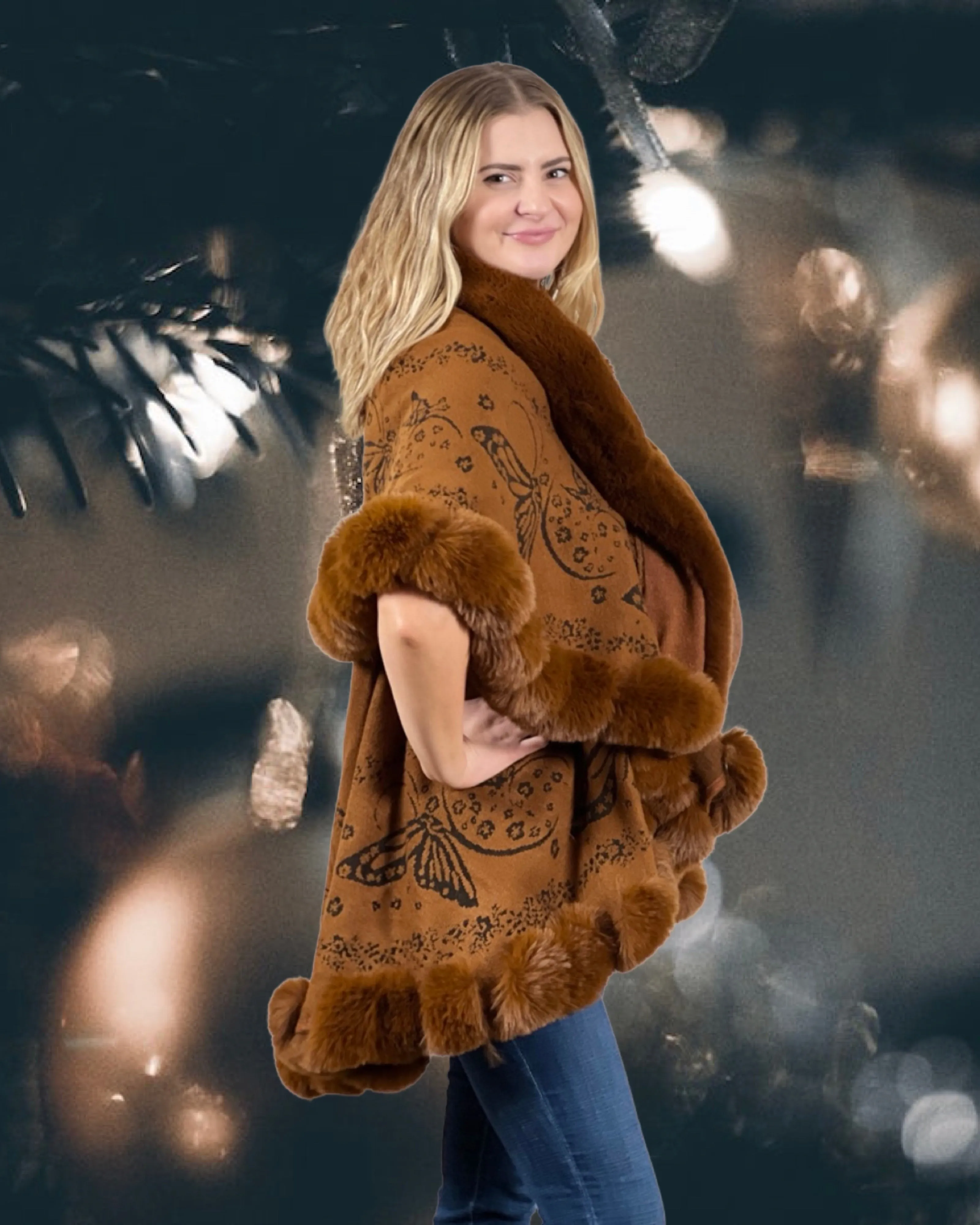 Faux Fur Trim Kimono Knitted Cape with butterfly jacquard pattern Autumn Winter Imitation Rabbit Fur Collar Windproof Cloak Boho Style  Fur Collar Shawl Warm Cardigan - Caramel