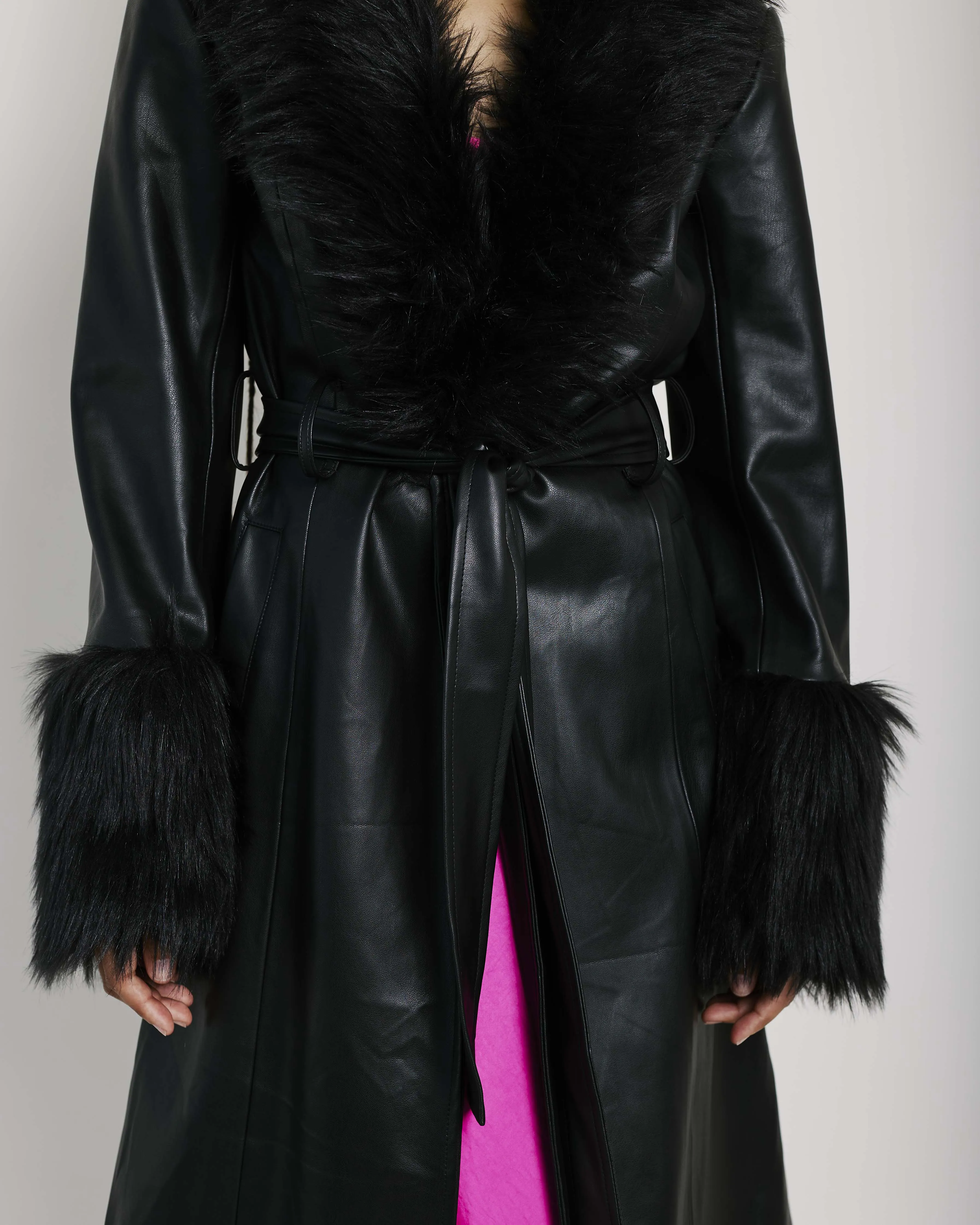 Faux Leather with Fur Collar and Cuff in Black