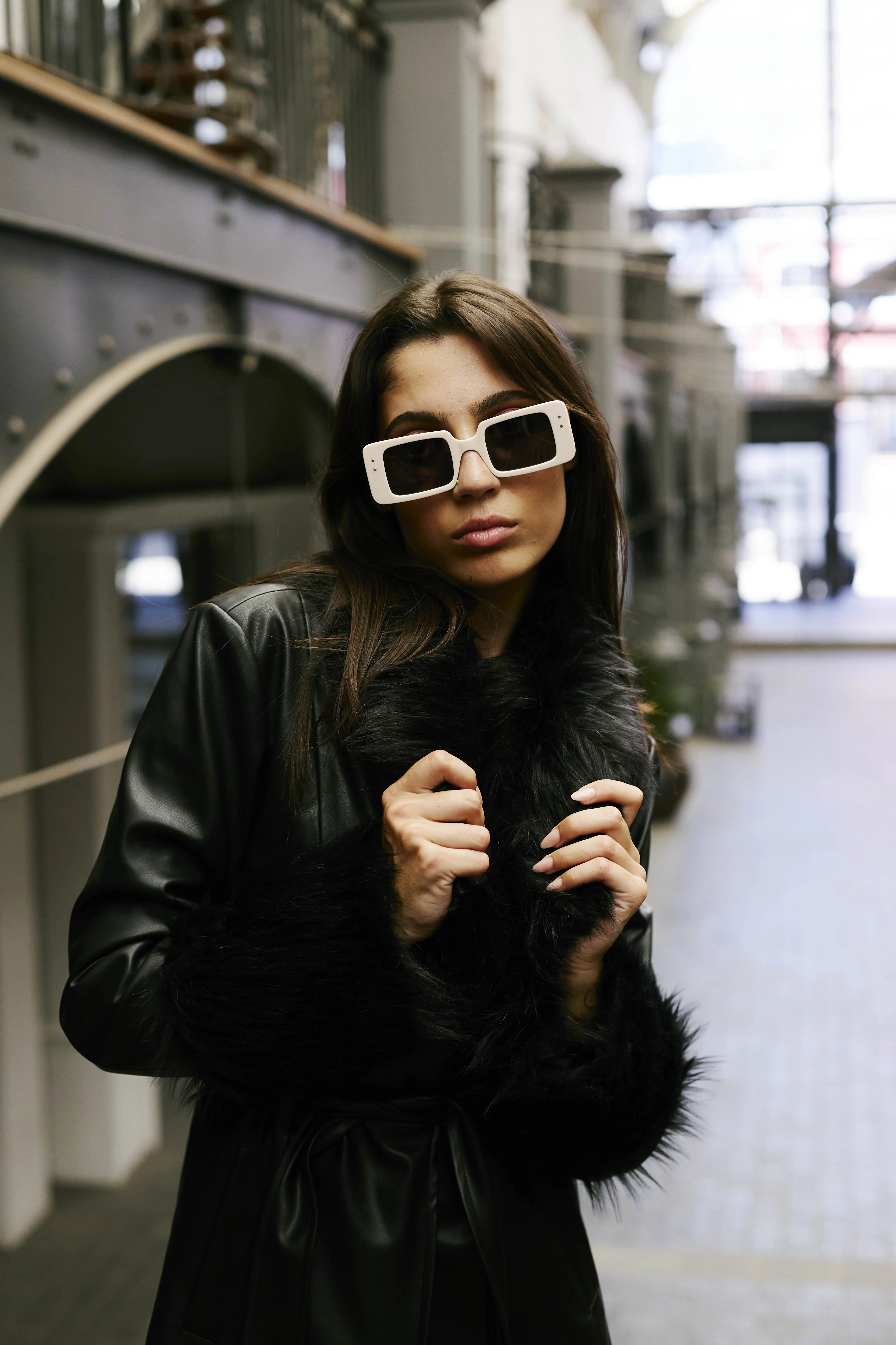 Faux Leather with Fur Collar and Cuff in Black