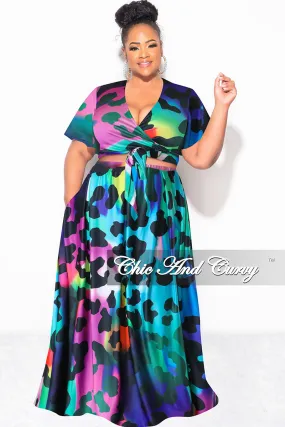 Final Sale Plus Size 2pc (Faux Wrap Crop Tie Top & Skirt) Set in Multi Color Animal Print