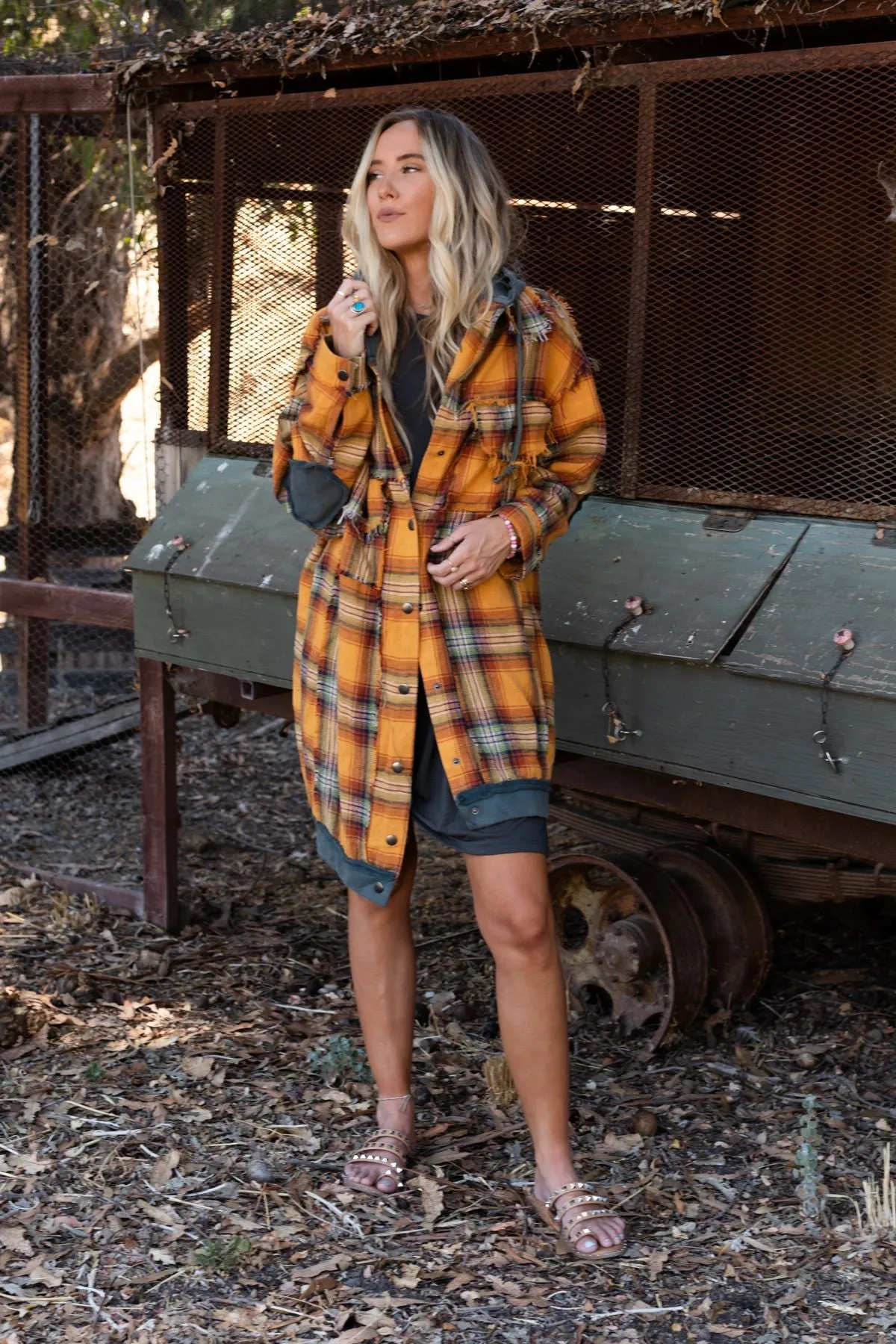 Flannel Layers Hooded Jacket - Orange Multi