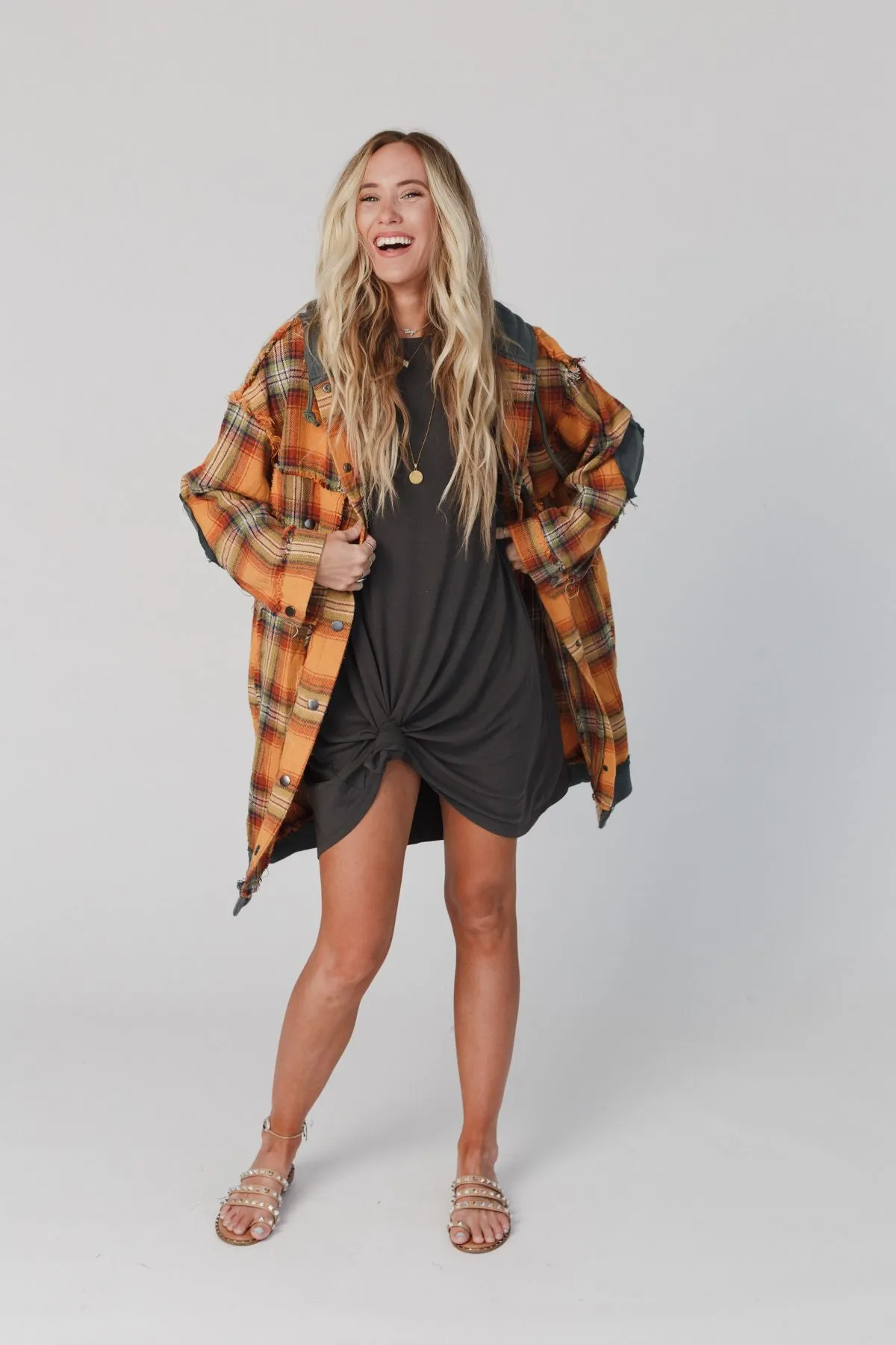 Flannel Layers Hooded Jacket - Orange Multi