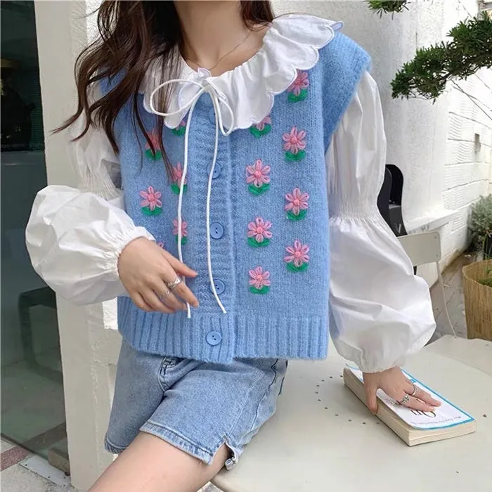 Flower Embroidery Blue Knit Vest