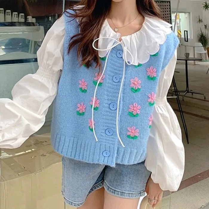 Flower Embroidery Blue Knit Vest