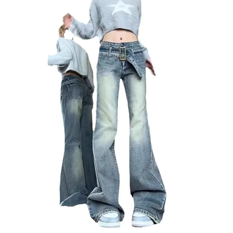 Flytonnshop 2000s fashion American Street Distressed Skinny Jeans Women's Autumn and Winter New High Waist Loose Design Sense plus Size Versatile Wide Leg Pants