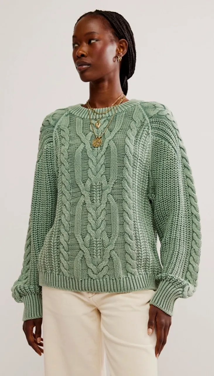 Free People Frankie Cable Sweater- Sea Spray