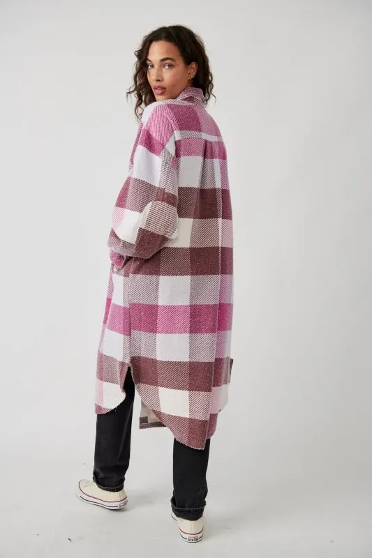 Free People Plaid Long Ruby Jacket in Wine Combo