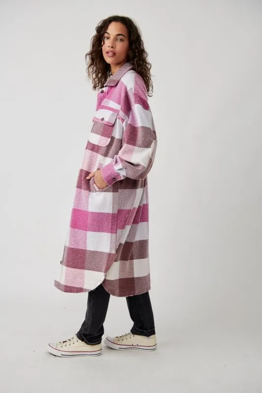 Free People Plaid Long Ruby Jacket in Wine Combo