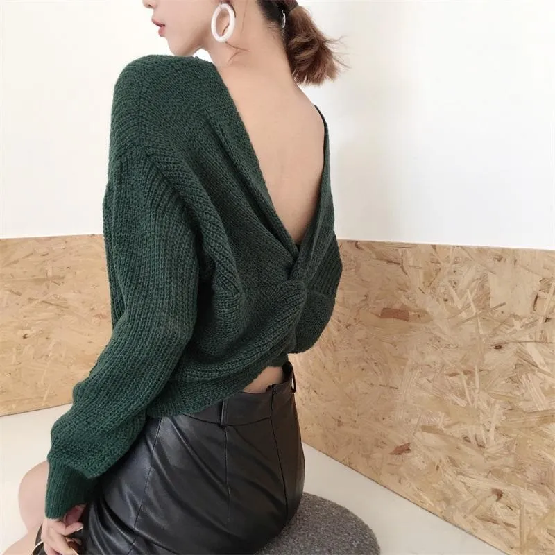 Front Bow Knot Knit Long Sleeve Sweater